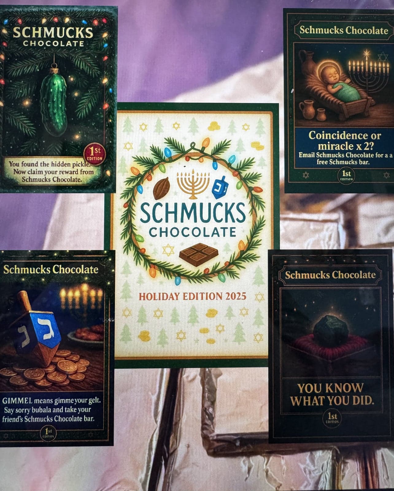 Holiday Gelt Bars — Gold foil wrapped with collectible card inserts