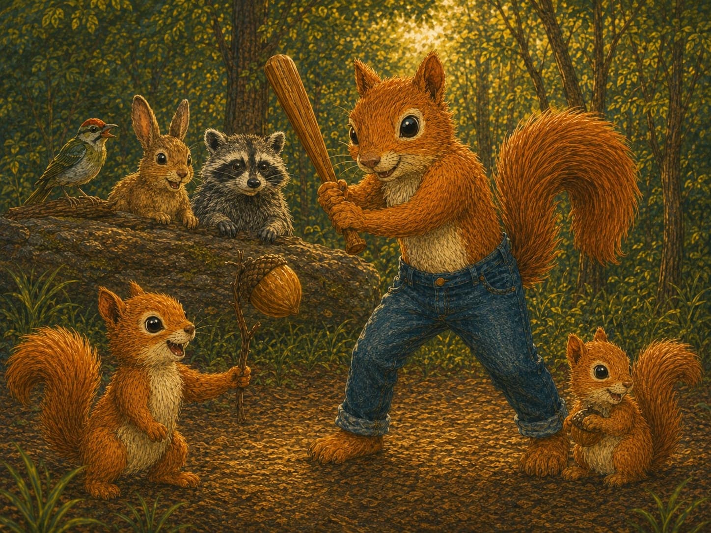 Baseball Series 1 — Murl steps up to the plate on the forest sandlot, bat in paw, while the neighborhood critters heckle from the dugout log.