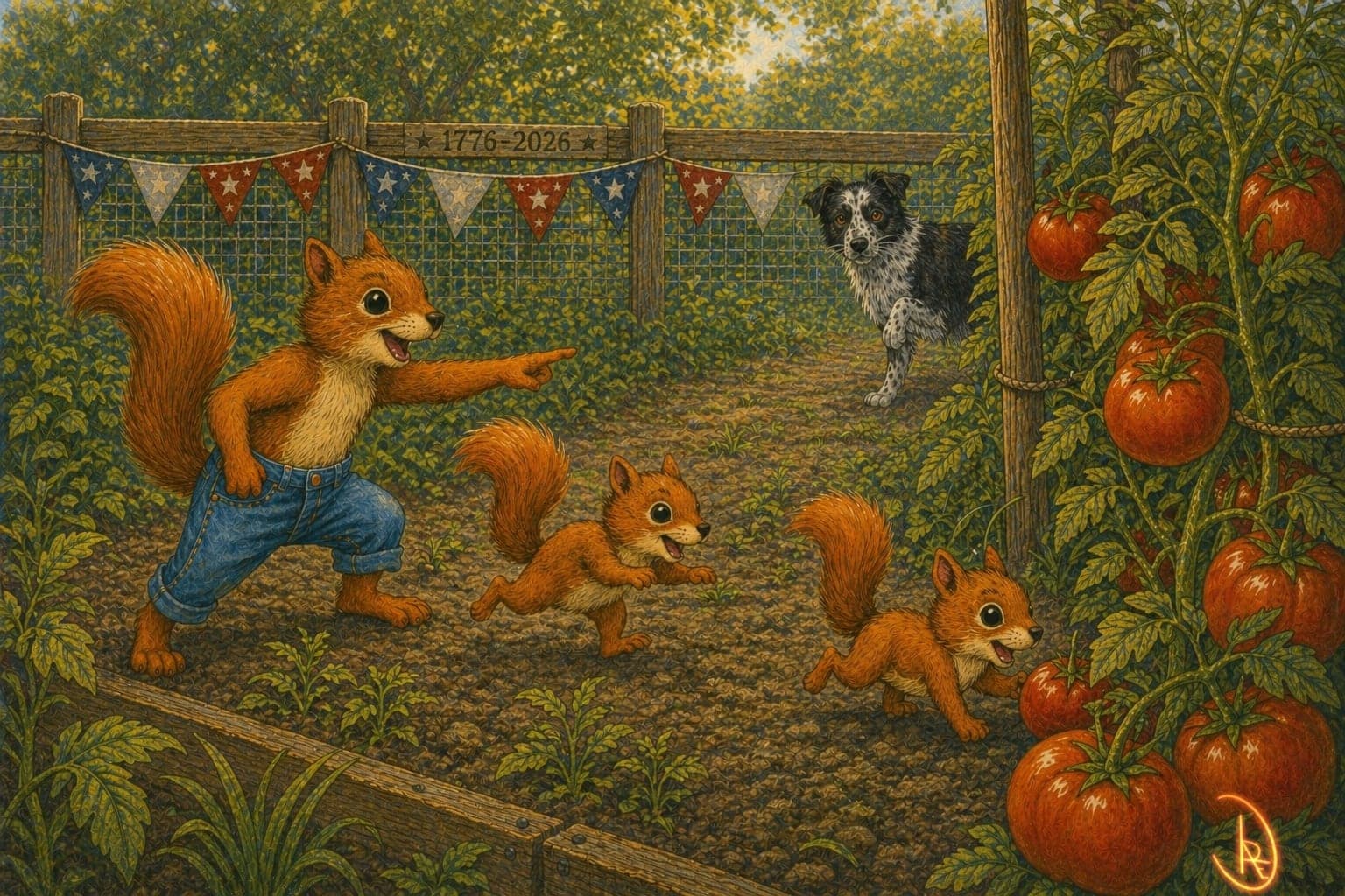 Independence 250 Series — Murl and Midge defend the tomato garden against redcoat groundhogs in the summer of 1776.